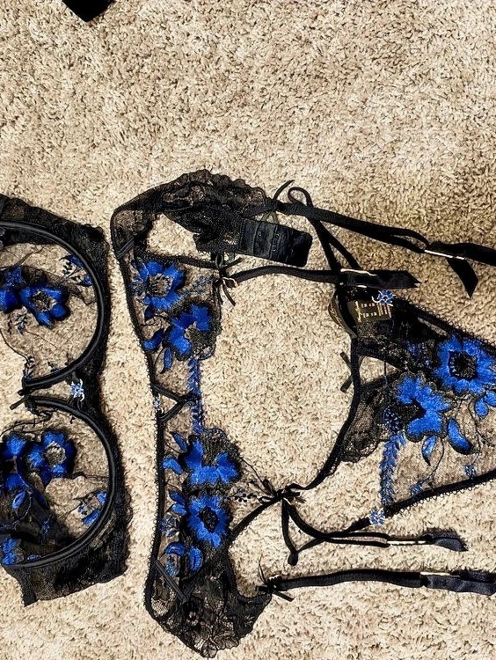 Honey Birdette Floral Lace Bra Set in Black & Blue
